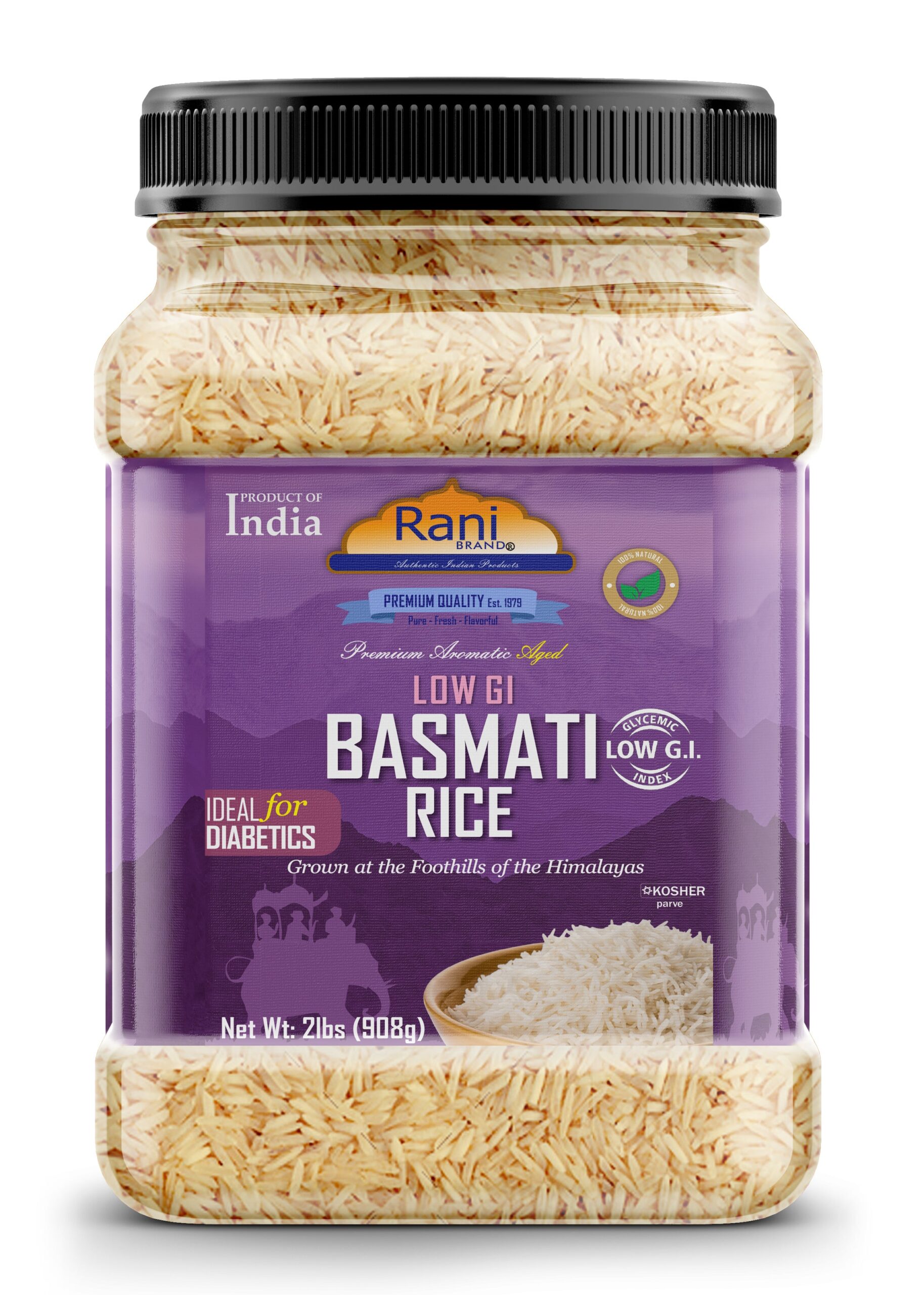 680901181758RaniLowGIBasmatiRice2lbsFront.jpg Rani White Basmati Rice Low GI (Glycemic Index) Extra Long Aged, Ideal for Diabetics, 32oz (2lbs) 908g PET Jar~ All Natural | Gluten Free | Vegan | Indian Origin | Export Quality - Image 1