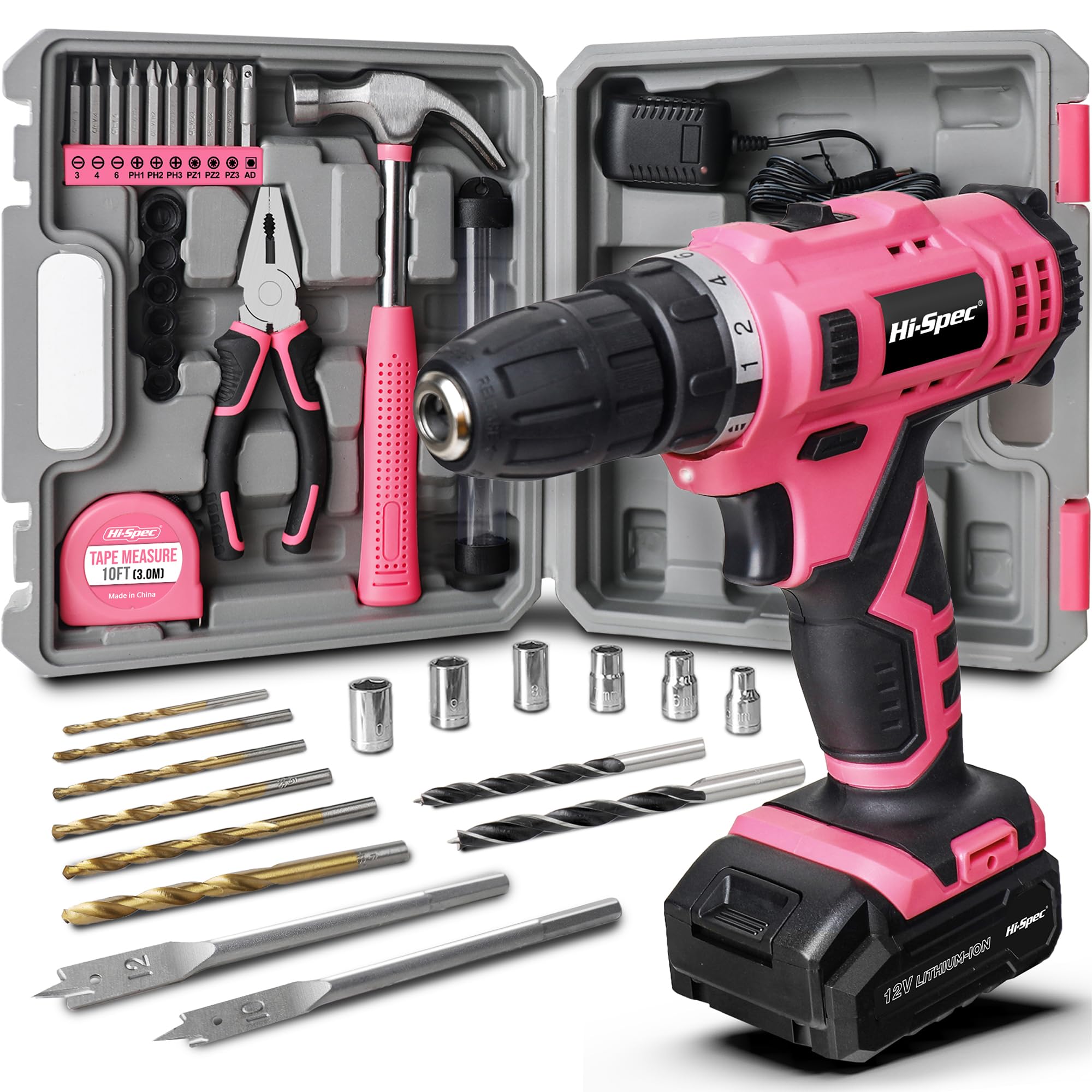 81Ac-ov0GxL.jpg 30pc Pink 12V Cordless Power Drill Driver and Home DIY Tool Kit Set. Complete in a Portable Carry Case - Image 1