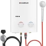 CAMPLUX 5L Portable Tankless Water Heater, 1.32 GPM Outdoor Propane Shower for Camping, RV, Off-Grid, Instant Hot Water with Folding Handle, Overheat Protection, Low Pressure Startup, AY132, White